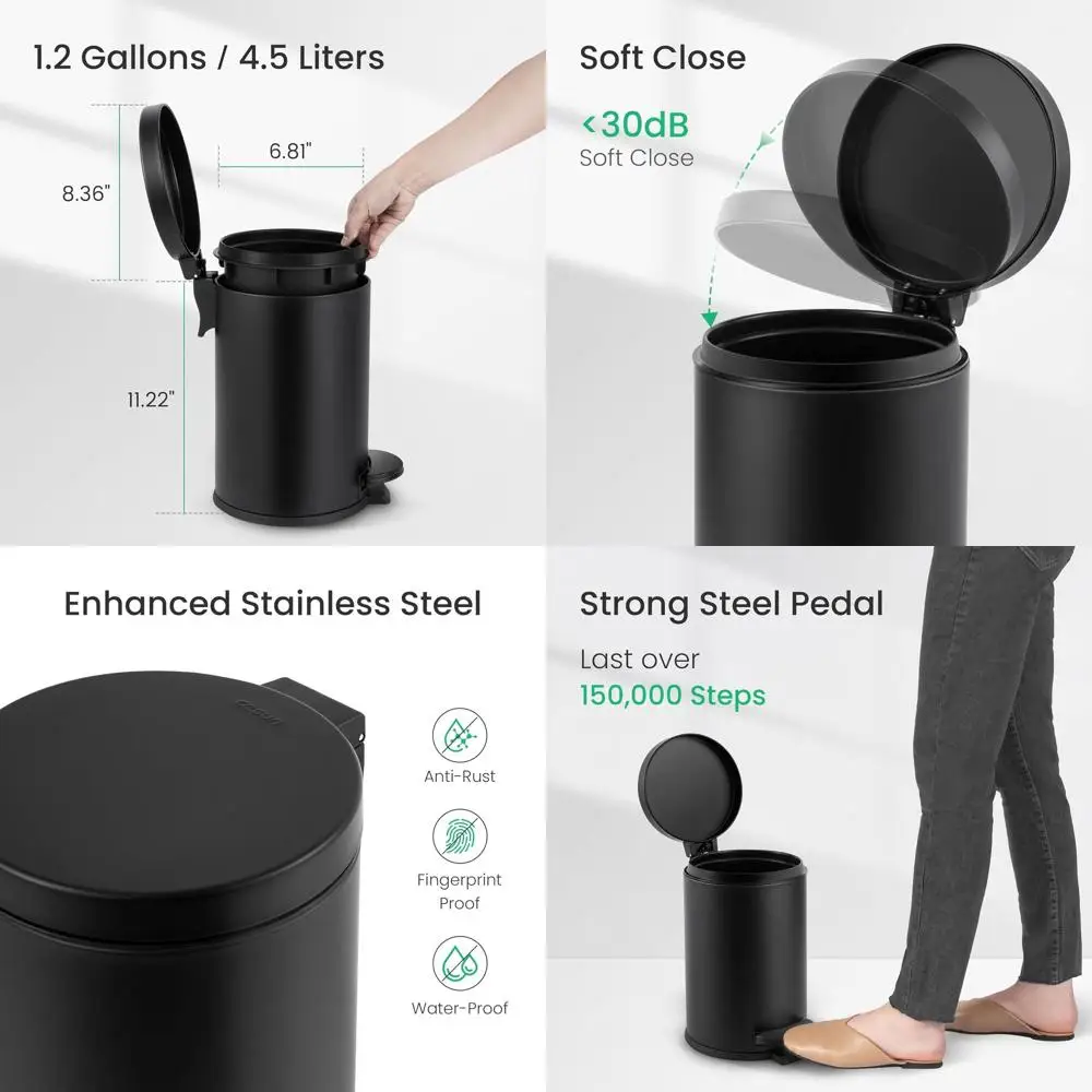 1.2 Gallon Matte Black Pedal Bin, Compact Trash Can with Lid for Bathroom, Bedroom, Office
1.2 Gallon Matte Black Pedal Bin, Compact Trash Can with Lid for Bathroom, Bedroom, Office