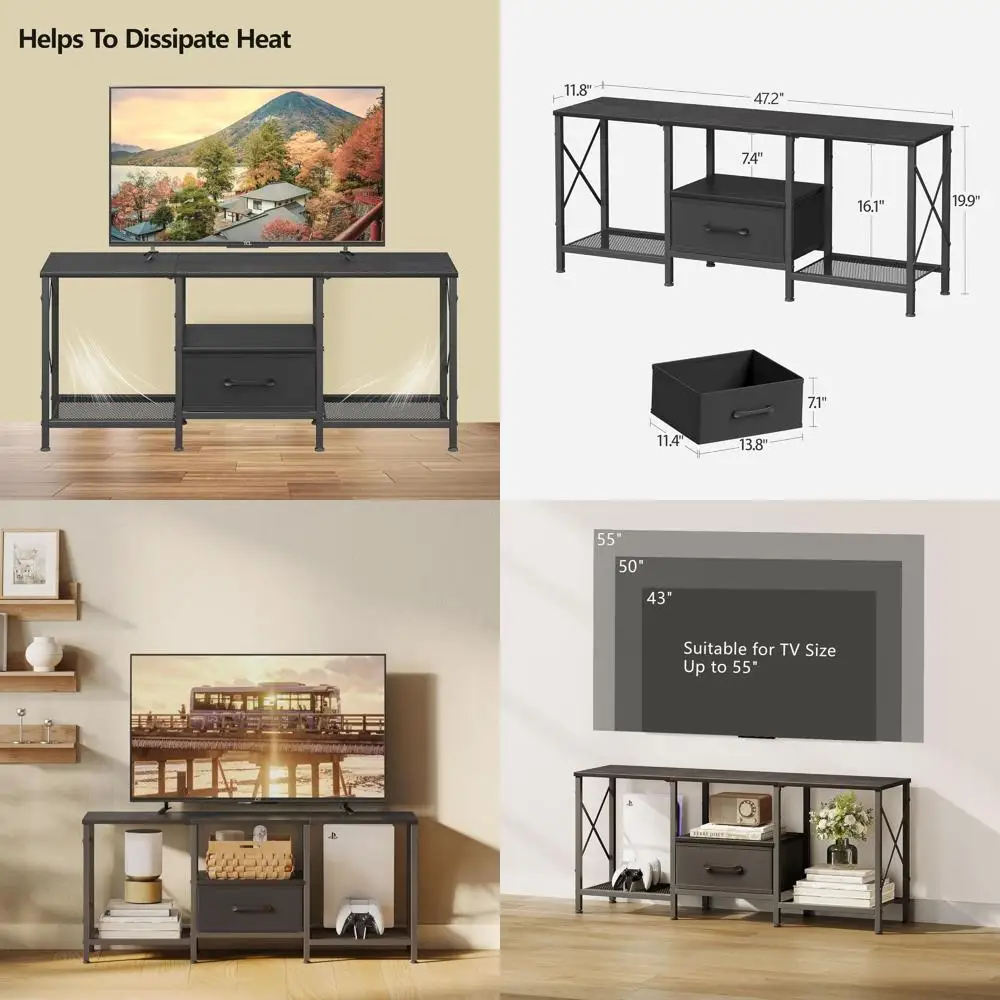 Подставка для телевизора с тканевым ящиком в индустриальном стиле для телевизоров 50-55, развлекательный центр с открытыми полками черного цвета для гостиной или спальни
Подставка для телевизора с тканевым ящиком в индустриальном стиле для телевизоров 50-55, развлекательный центр с открытыми полками черного цвета для гостиной или спальни