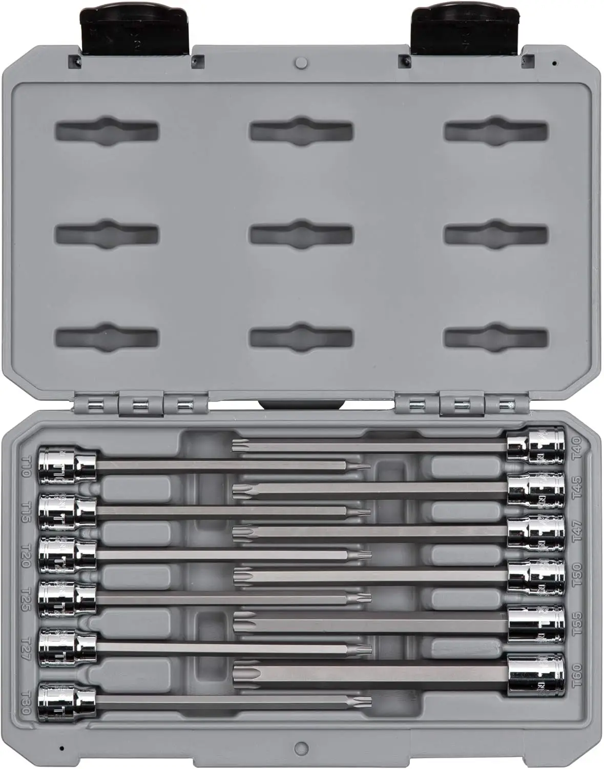 12-Piece 3/8" Drive Long Torx Bit Socket Set T10-T60 with Case
12-Piece 3/8" Drive Long Torx Bit Socket Set T10-T60 with Case