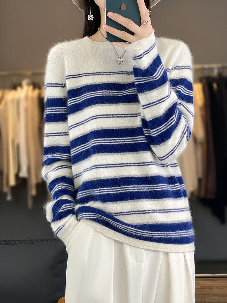 Spring Autumn Women's Striped O-neck Pullover Sweater 100% Merino Wool Casual Loose Knitwear Korean Popular Clothes Tops
Spring Autumn Women's Striped O-neck Pullover Sweater 100% Merino Wool Casual Loose Knitwear Korean Popular Clothes Tops