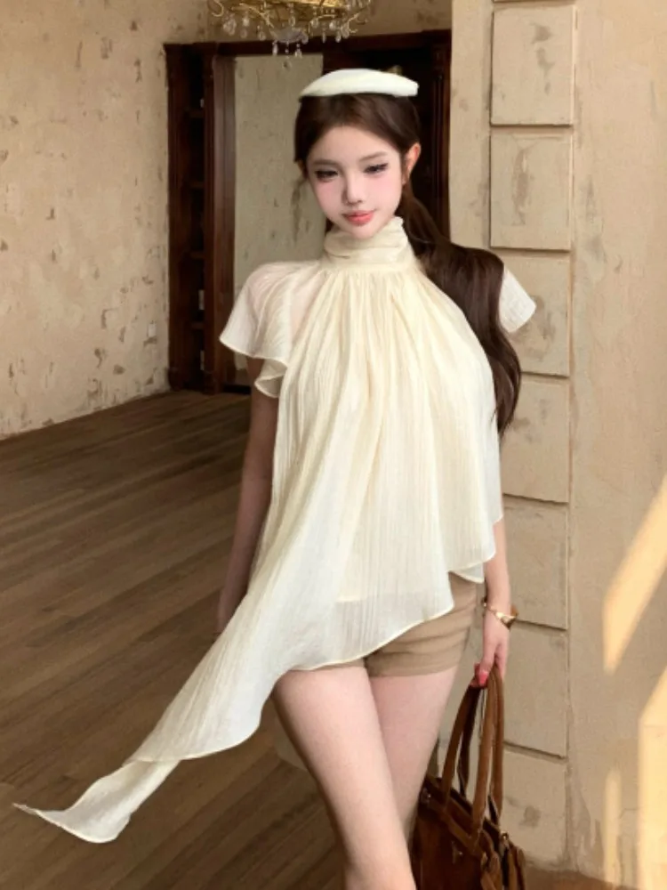 Summer Women's Loose Short Sleeve Chiffon Shirt Knot Belt Design Sensation Floating Ribbon Casual off White Top
Summer Women's Loose Short Sleeve Chiffon Shirt Knot Belt Design Sensation Floating Ribbon Casual off White Top