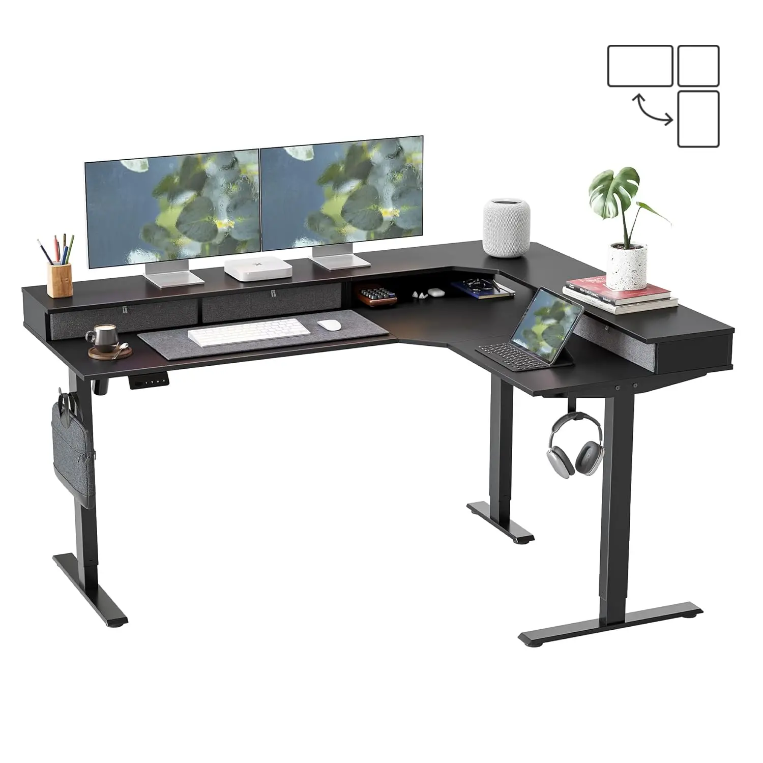 L-Shaped Electric Standing Desk 63x48 with Drawers Reversible Top 2 Memory Settings Home Office Gaming Table, Customized
L-Shaped Electric Standing Desk 63x48 with Drawers Reversible Top 2 Memory Settings Home Office Gaming Table, Customized