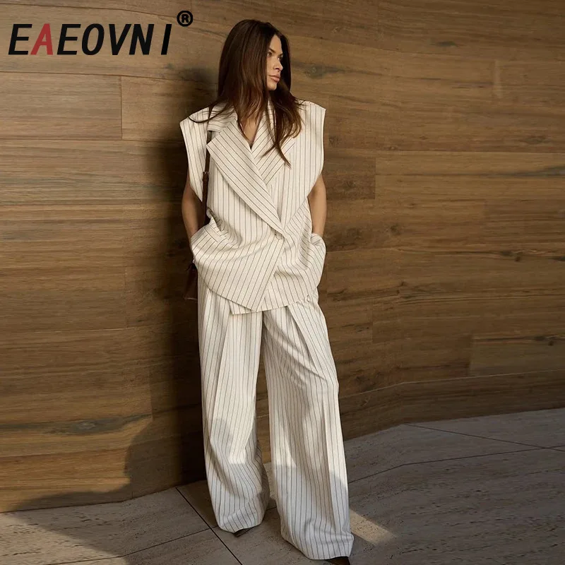 EAEOVNI 2025 Fashion Striped Two Piece Set Women Sleeveless Button Vest Blazer + Wide Leg Pants Office Lady Clothing Elegant
EAEOVNI 2025 Fashion Striped Two Piece Set Women Sleeveless Button Vest Blazer + Wide Leg Pants Office Lady Clothing Elegant