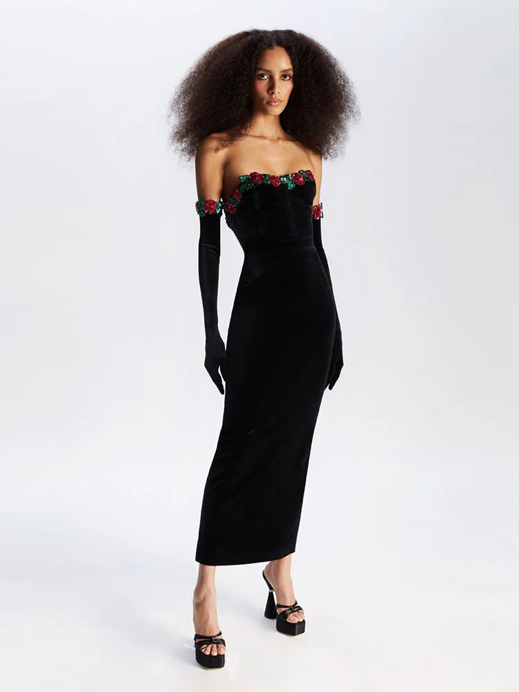 Sexy Strapless Floral Sequins Long Dress Women Black Velvet Patchwork Sequin With Gloves Bodycon Dress Elegant Party Evening
Sexy Strapless Floral Sequins Long Dress Women Black Velvet Patchwork Sequin With Gloves Bodycon Dress Elegant Party Evening