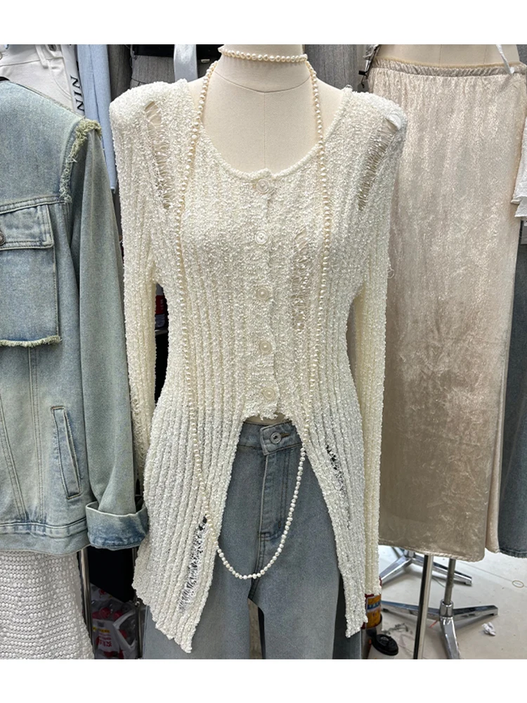 Slim Fit American Style Thin Long Sleeve Knitted Open Cardigan Women's Fashion Spring New Arrival Light Beige Hole Split Design
Slim Fit American Style Thin Long Sleeve Knitted Open Cardigan Women's Fashion Spring New Arrival Light Beige Hole Split Design