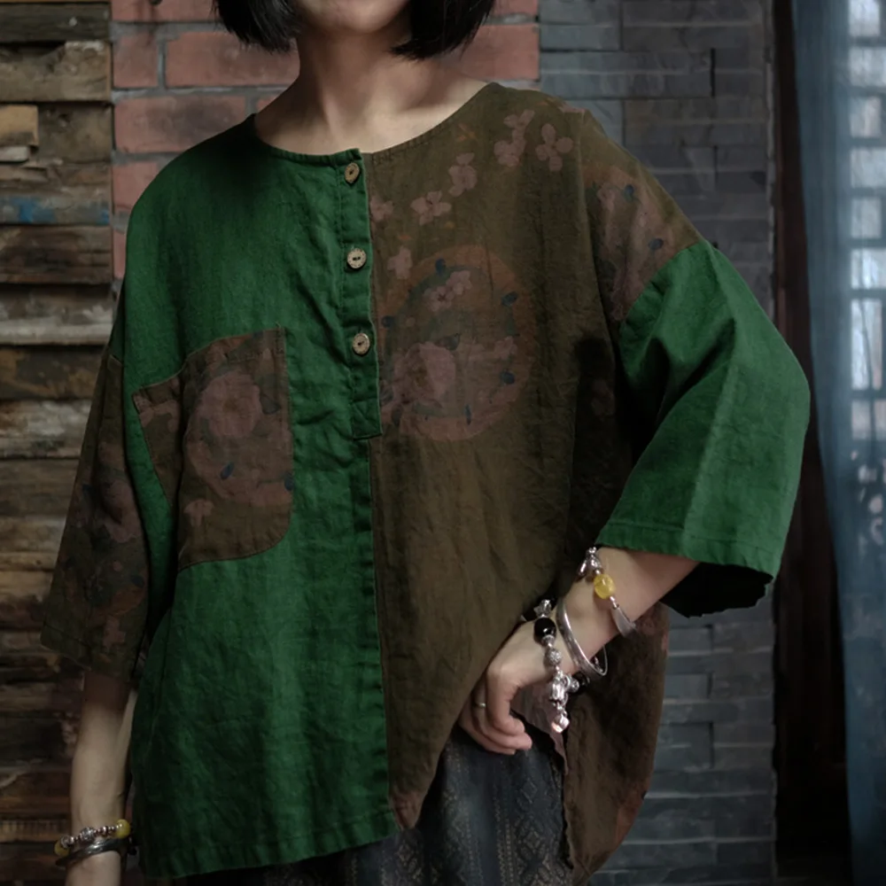 Women's Summer Crew-Neck Linen Patchwork Printed Pullover T-Shirt Literary Vintage High And Low Casual Loose Half-Sleeved Shirt
Women's Summer Crew-Neck Linen Patchwork Printed Pullover T-Shirt Literary Vintage High And Low Casual Loose Half-Sleeved Shirt