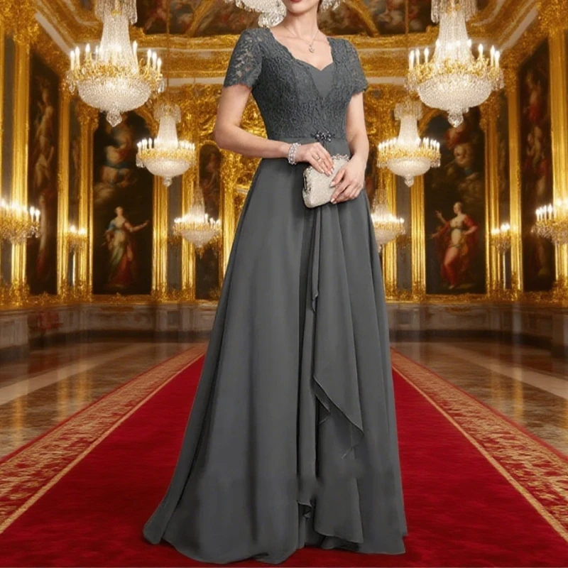 New Lace Simple Gray Mother of the bride Half Sleeve Dress Chiffion Draped Fashion Irregular neckline A-line Dress Customized
New Lace Simple Gray Mother of the bride Half Sleeve Dress Chiffion Draped Fashion Irregular neckline A-line Dress Customized