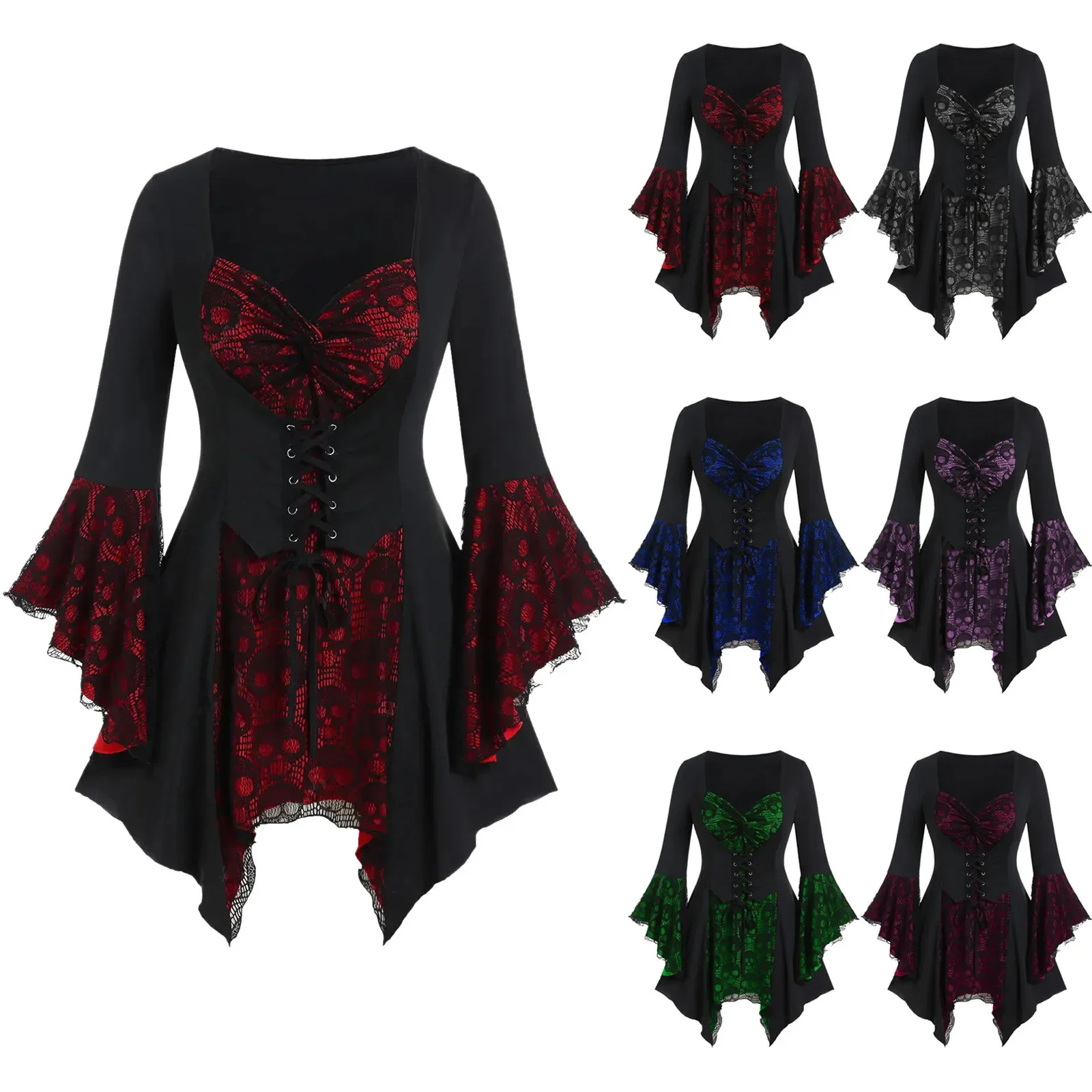 Female Devil Dress Halloween Lace Stitching Mini Vestido Gothic Square Neck Ruffle Dress Bell Sleeve Button Dress Skull Vestidos
Female Devil Dress Halloween Lace Stitching Mini Vestido Gothic Square Neck Ruffle Dress Bell Sleeve Button Dress Skull Vestidos