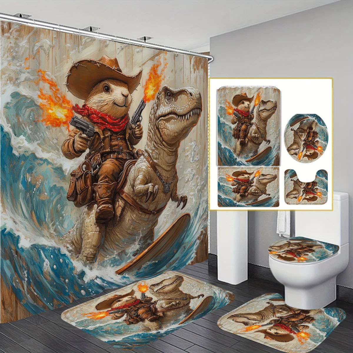 Cowboy Squirrel Bathroom Set Riding Dinosaurs: Waterproof Shower Curtain, Soft Contour Carpet, Toilet Seat, Non Slip Bath Mat
Cowboy Squirrel Bathroom Set Riding Dinosaurs: Waterproof Shower Curtain, Soft Contour Carpet, Toilet Seat, Non Slip Bath Mat