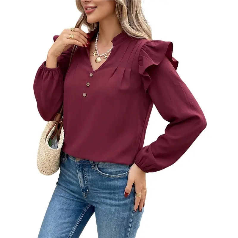 NEW-Women's Ruffle Trim V-Neck Long Sleeve Elegant Blouse Wine Red S
NEW-Women's Ruffle Trim V-Neck Long Sleeve Elegant Blouse Wine Red S