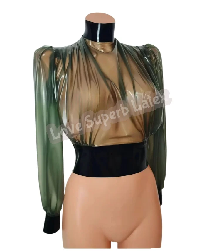 Handmade Sexy Woman Bodysuit Natural latex Lady's Long Sleeve Loosen Shirt Latex Woman Top With Black Deco No Zipper 
Handmade Sexy Woman Bodysuit Natural latex Lady's Long Sleeve Loosen Shirt Latex Woman Top With Black Deco No Zipper