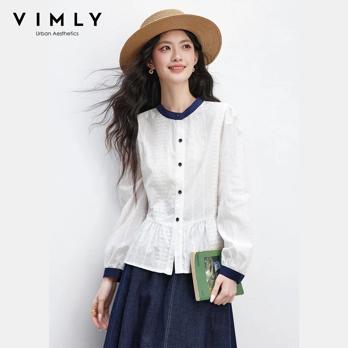 VIMLY Women's Puff Sleeve Blouse 2026 Spring New 100% Cotton Fashion Contrast Round Neck Ruffled Hem Tie Back Casual Shirt A3889
VIMLY Women's Puff Sleeve Blouse 2026 Spring New 100% Cotton Fashion Contrast Round Neck Ruffled Hem Tie Back Casual Shirt A3889
