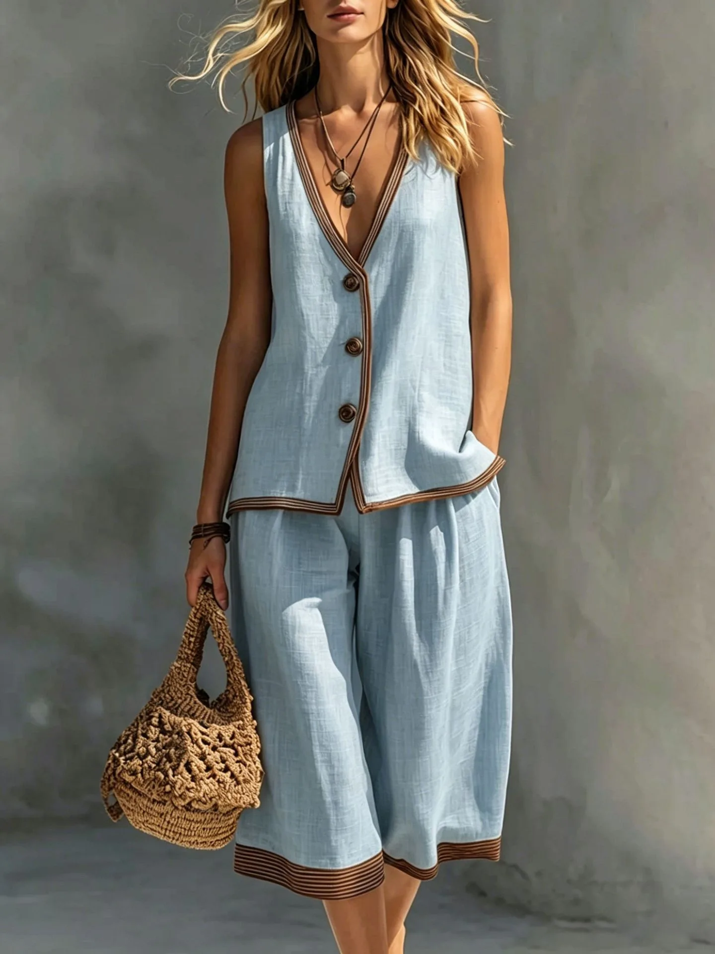 Casual Resort Style Shorts Suit Spring Summer Contrasting Color Simple Sleeveless Cardigan Vest Wide Leg Shorts Two Piece Set
Casual Resort Style Shorts Suit Spring Summer Contrasting Color Simple Sleeveless Cardigan Vest Wide Leg Shorts Two Piece Set