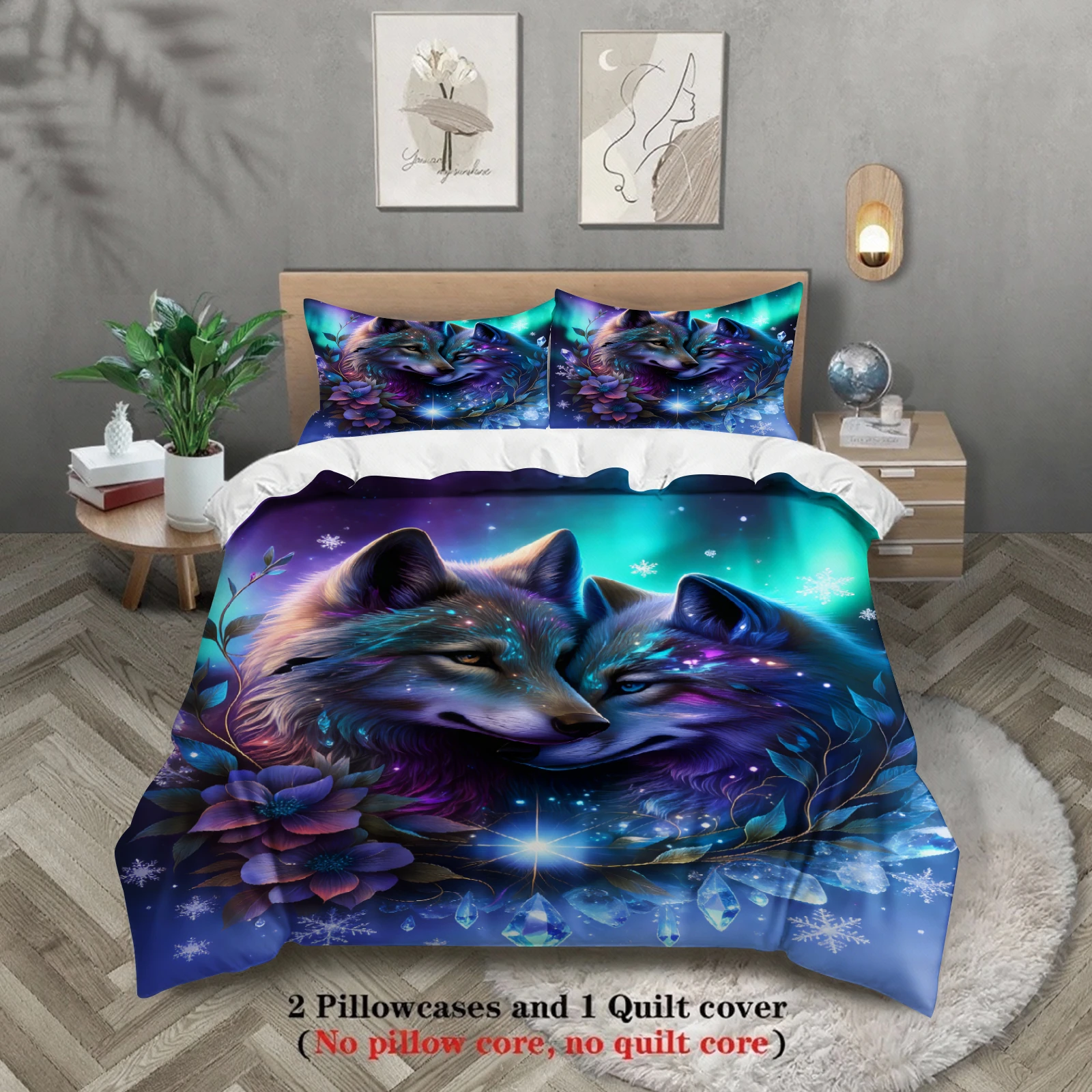 Wolf Couple Bedding Set Blue Purple Aurora Floral Print Bedding Set With Duvet Cover & Pillowcases For Bedroom Decor
Wolf Couple Bedding Set Blue Purple Aurora Floral Print Bedding Set With Duvet Cover & Pillowcases For Bedroom Decor