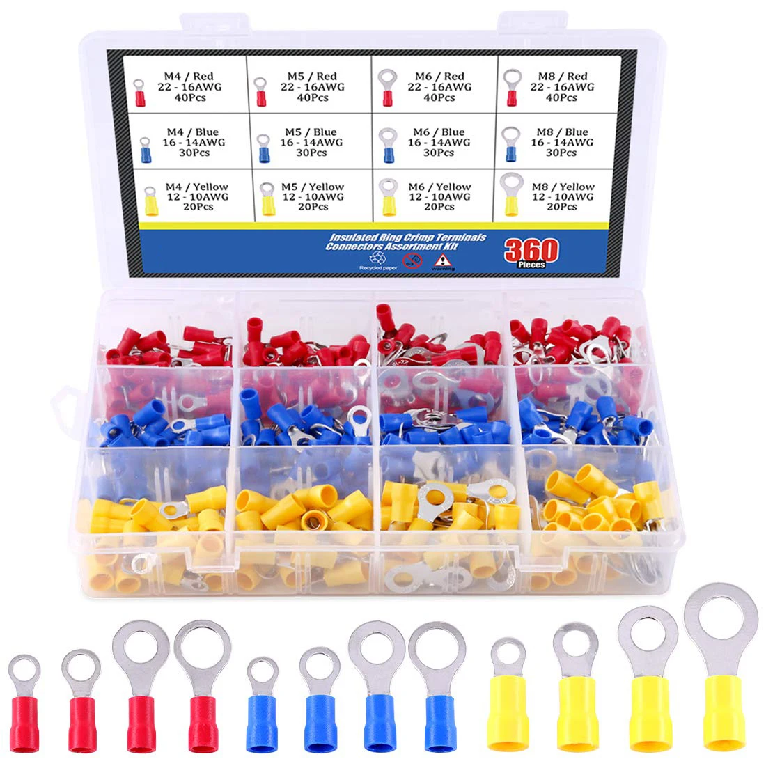 360 pieces 22-16/16-14/12-10 specification mixed quick disconnect electrical insulation M4/5/6/8 ring crimping terminal connecto
360 pieces 22-16/16-14/12-10 specification mixed quick disconnect electrical insulation M4/5/6/8 ring crimping terminal connecto