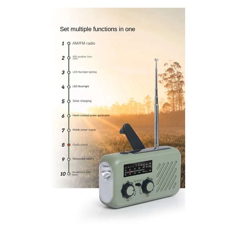 A32T-погодное радио с AM/FM/WB, солнечной батареей и рукояткой, светодиодным фонариком, SOS-сигнализацией для чрезвычайных ситуаций на открытом воздухе
A32T-погодное радио с AM/FM/WB, солнечной батареей и рукояткой, светодиодным фонариком, SOS-сигнализацией для чрезвычайных ситуаций на открытом воздухе