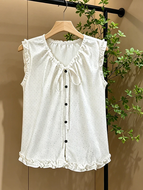 White Sleeveless Doll Shirt for Women Summer Pure Korean Style Vest with Wooden Trim Frou Frou Sleeve V Neck Button Detail
White Sleeveless Doll Shirt for Women Summer Pure Korean Style Vest with Wooden Trim Frou Frou Sleeve V Neck Button Detail