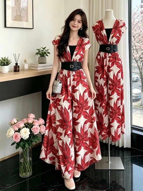 Retro Floral Print V-Neck One-Piece Pants Women's Summer New High Waist Slimming Wide Leg Pants Elegant Lady Style
Retro Floral Print V-Neck One-Piece Pants Women's Summer New High Waist Slimming Wide Leg Pants Elegant Lady Style