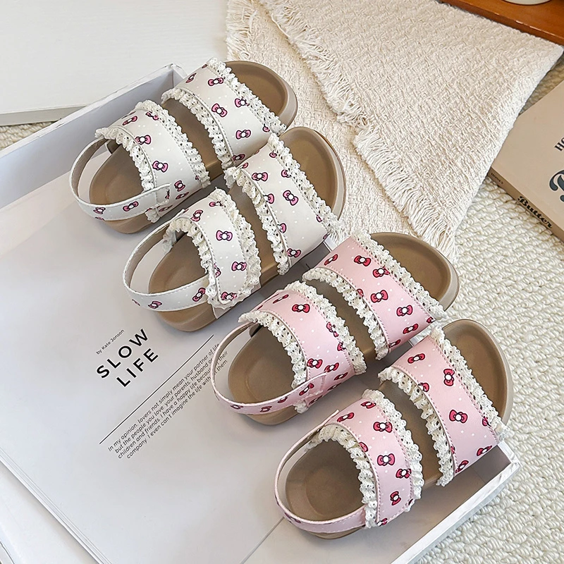 Kids Sweet Lace Edge Cartoon Print Back Strap Sandals, Two Band Comfy Summer Dress Sandals, Pink Girls Outdoor Play Footwear
Kids Sweet Lace Edge Cartoon Print Back Strap Sandals, Two Band Comfy Summer Dress Sandals, Pink Girls Outdoor Play Footwear