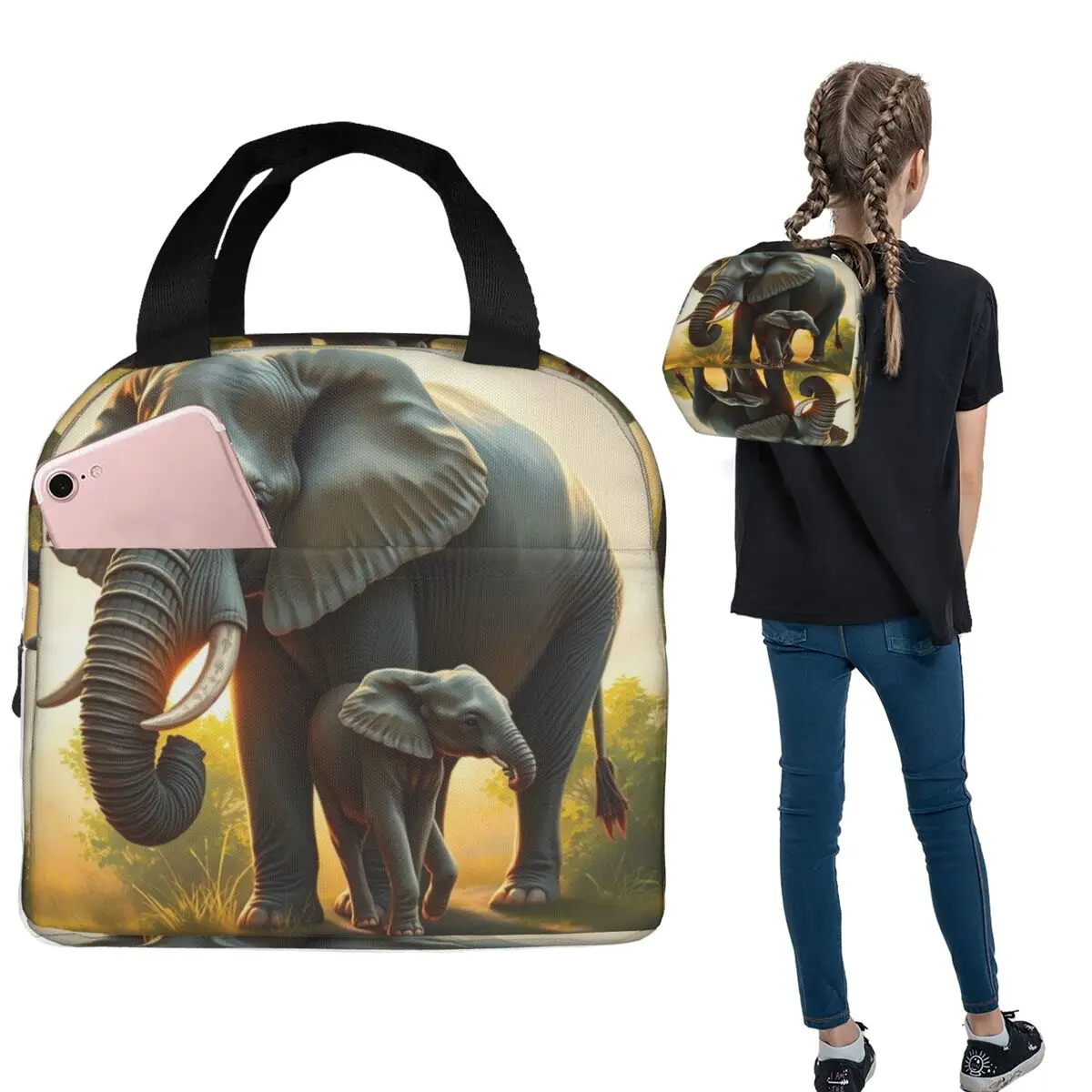 A Majestic Elephant With Her Baby Elephant Insulated Lunch Bag for Women Kids Leakproof Food Boxes Thermal Lunch Box Tote
A Majestic Elephant With Her Baby Elephant Insulated Lunch Bag for Women Kids Leakproof Food Boxes Thermal Lunch Box Tote