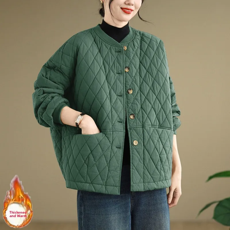 Korean Sle Women's Retro Diamond Pattern Cotton Jaet Autumn Winter Thiened Long Sve round Ne Coat for Ladies
Korean Sle Women's Retro Diamond Pattern Cotton Jaet Autumn Winter Thiened Long Sve round Ne Coat for Ladies