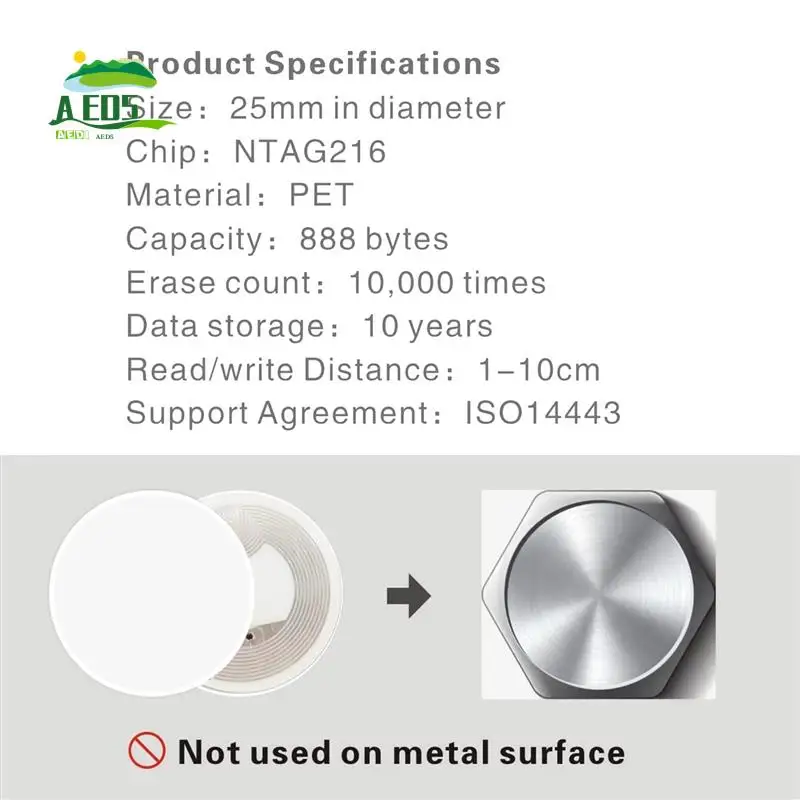 AED5-NFC Ntag216 Sticker Ntag216 NFC Tags NFC 216 Tag Ntag216 NFC Cards 13.56Mhz NFC Tag Stickers 888 Bytes Memory
AED5-NFC Ntag216 Sticker Ntag216 NFC Tags NFC 216 Tag Ntag216 NFC Cards 13.56Mhz NFC Tag Stickers 888 Bytes Memory