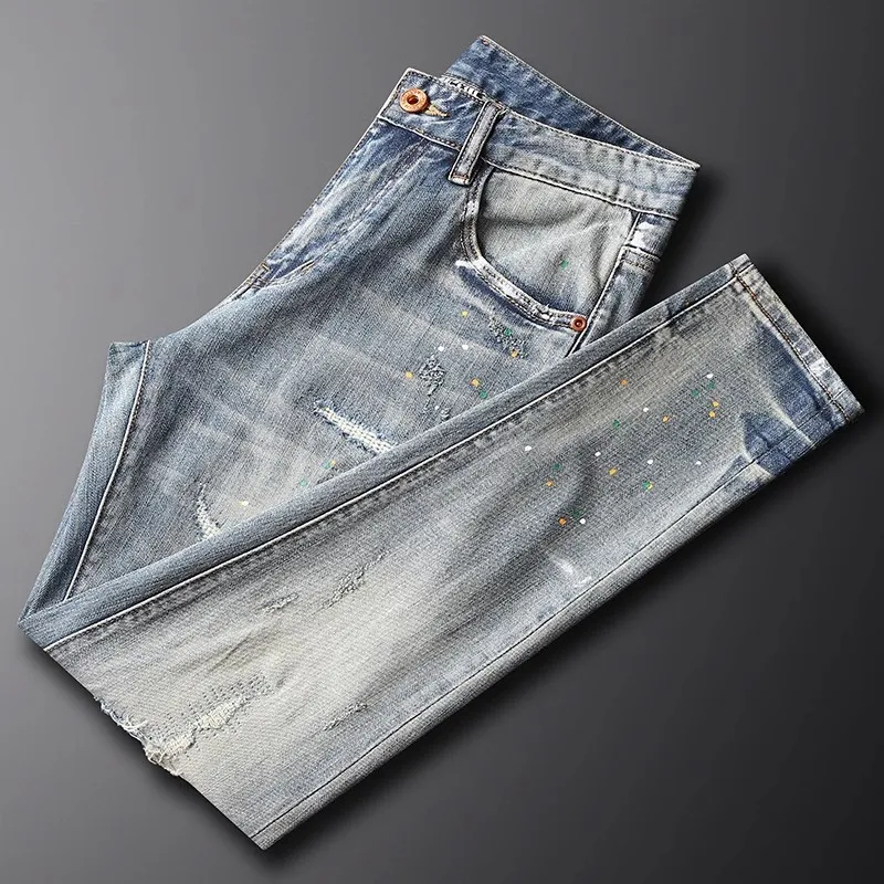 Street Fashion Men Jeans Retro Washed Blue Stretch Slim Fit Patched Ripped Jeans Men Painted Designer Vintage Denim Pants Hombre
Street Fashion Men Jeans Retro Washed Blue Stretch Slim Fit Patched Ripped Jeans Men Painted Designer Vintage Denim Pants Hombre
