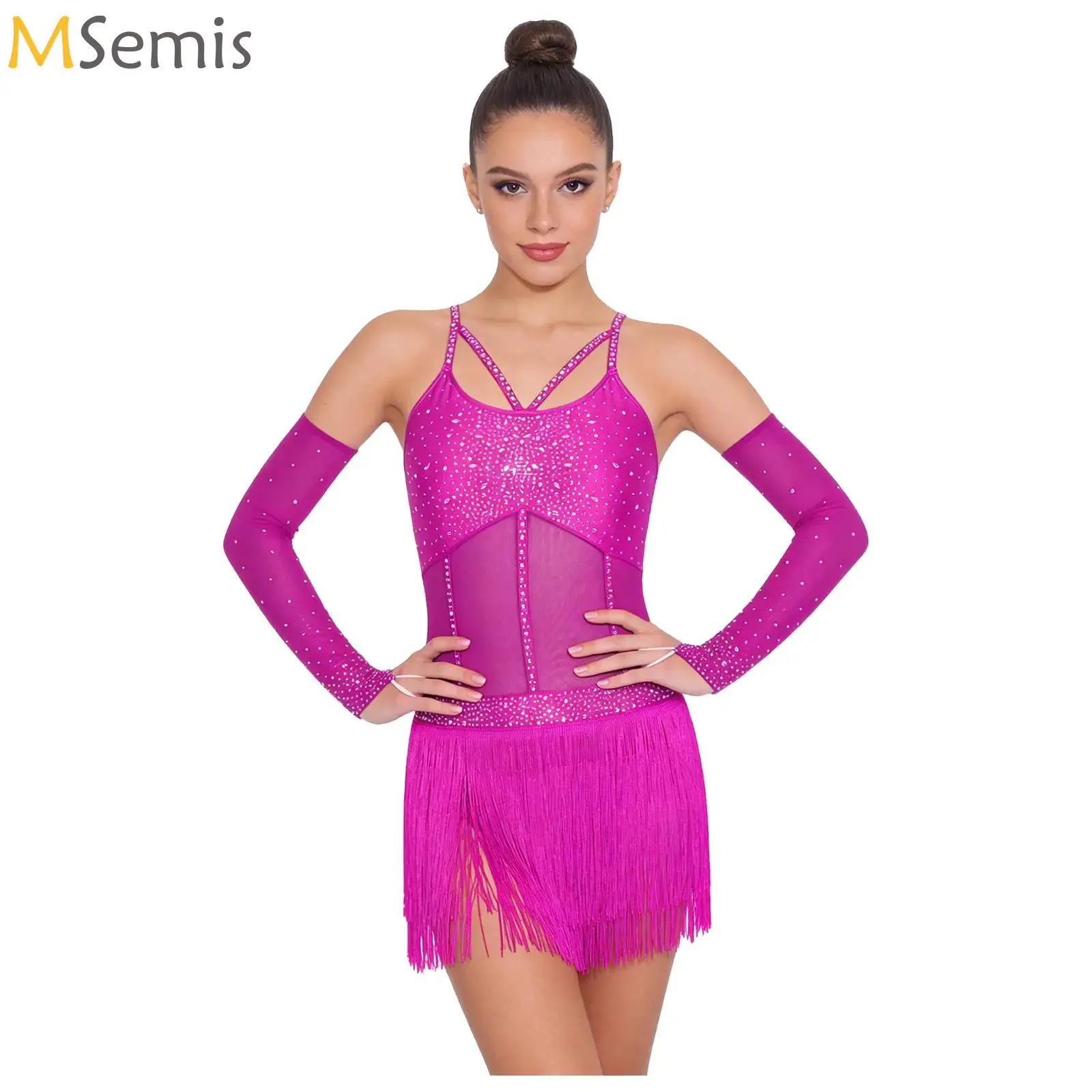 Womens Latin Dance Performance Bodysuit with Mesh Sleeves Rhinestones Tiered Tassel Leotard Jumpsuit Tango Samba Dancewear Set
Womens Latin Dance Performance Bodysuit with Mesh Sleeves Rhinestones Tiered Tassel Leotard Jumpsuit Tango Samba Dancewear Set
