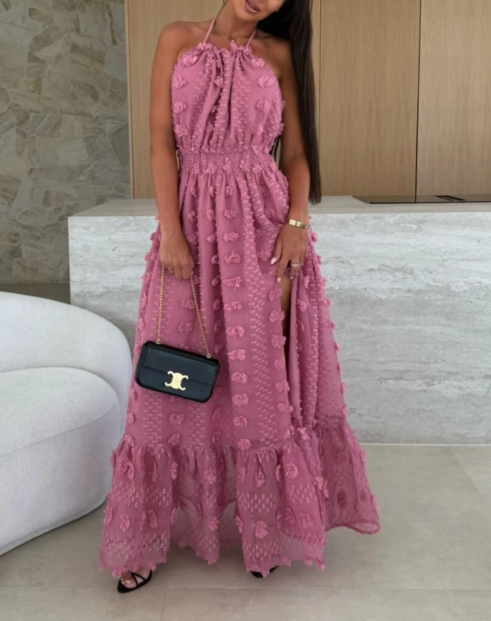 Elegant 3D Flower Mesh Slit Halter Neck Dress,backless Style with High Slit and Textured Details,spliced Ruffle Hem Maxi Dress
Elegant 3D Flower Mesh Slit Halter Neck Dress,backless Style with High Slit and Textured Details,spliced Ruffle Hem Maxi Dress