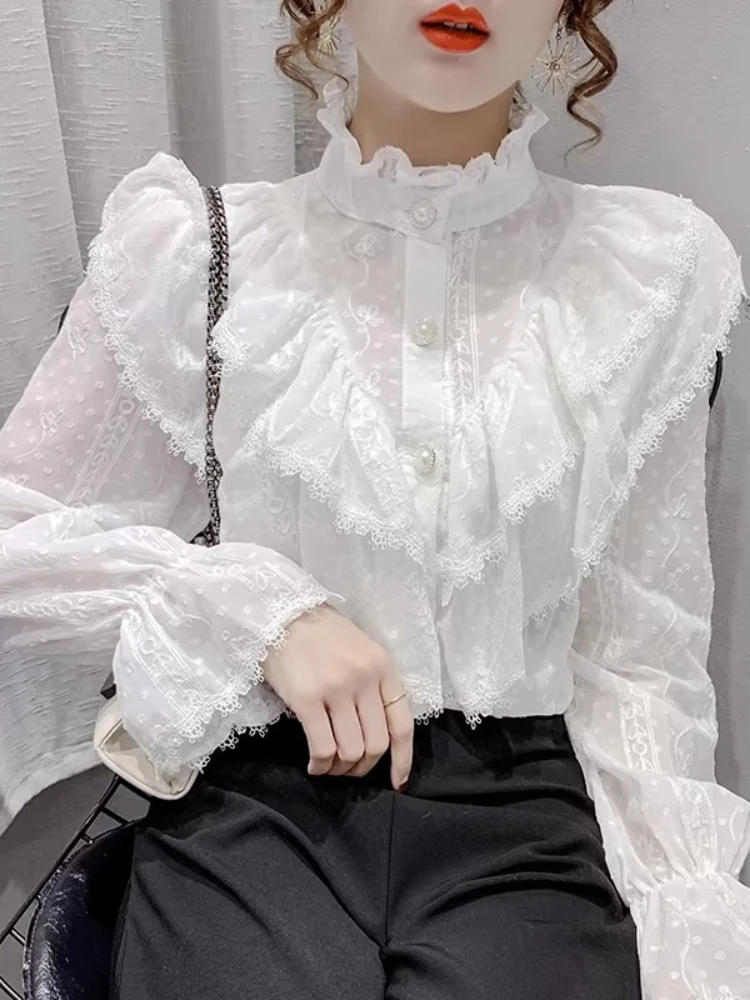 Women's White Shirt 2026 New Elegant OL Slim-fit High Quality Lace Blouse Fashion All-Match Lotus Leaf Collar Horn Sleeve Tops
Women's White Shirt 2026 New Elegant OL Slim-fit High Quality Lace Blouse Fashion All-Match Lotus Leaf Collar Horn Sleeve Tops