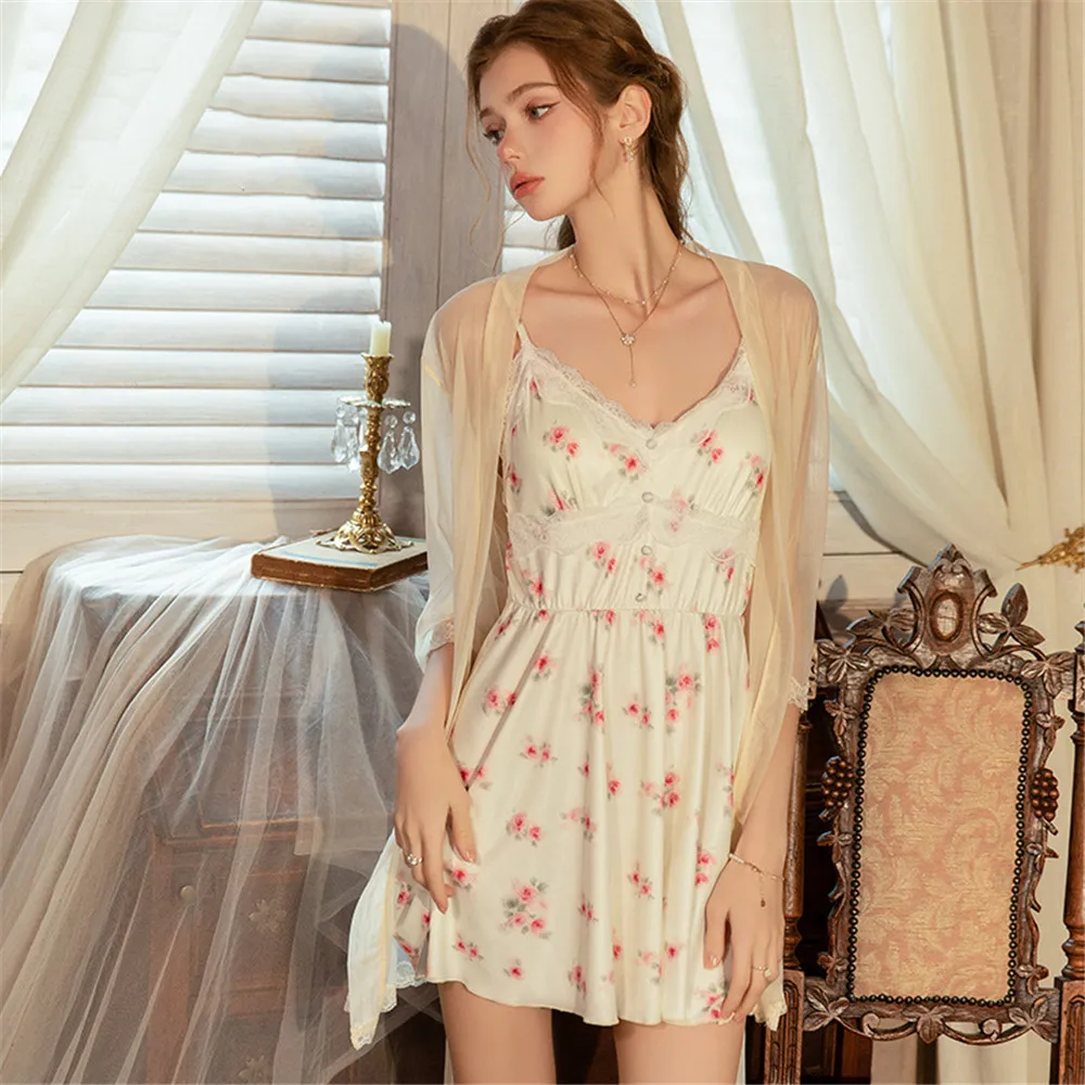 Summer Women Mesh Robe Print Floral Nightgown 2PCS Set Sexy Silky Satin Nightdress Home Clothes Loungewear
Summer Women Mesh Robe Print Floral Nightgown 2PCS Set Sexy Silky Satin Nightdress Home Clothes Loungewear
