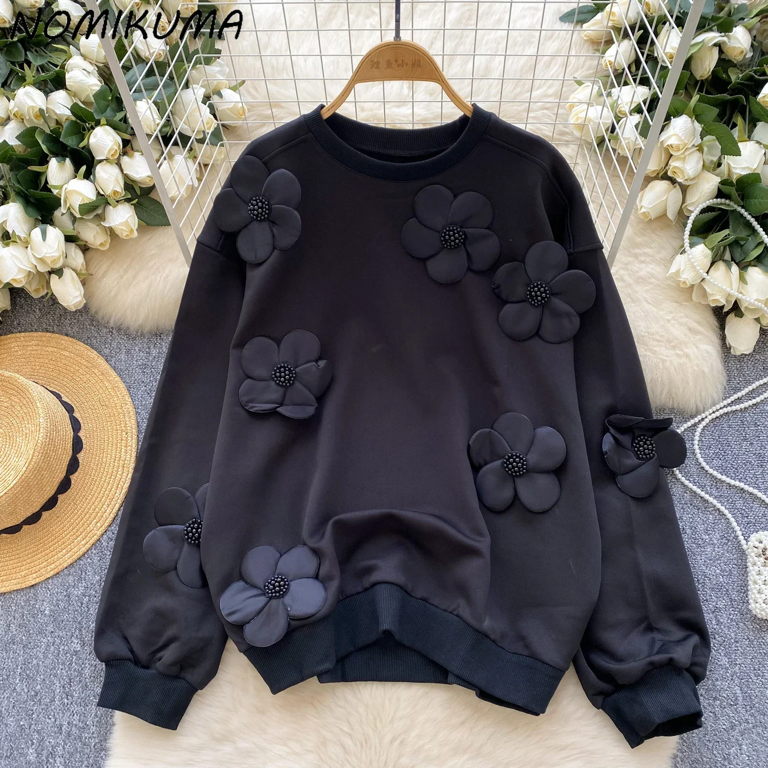 Nomikuma Nail Bead Three-dimensional Flower Round Neck Long Sleeved Sweatshirt for Women Versatile Solid Color Top 
Nomikuma Nail Bead Three-dimensional Flower Round Neck Long Sleeved Sweatshirt for Women Versatile Solid Color Top