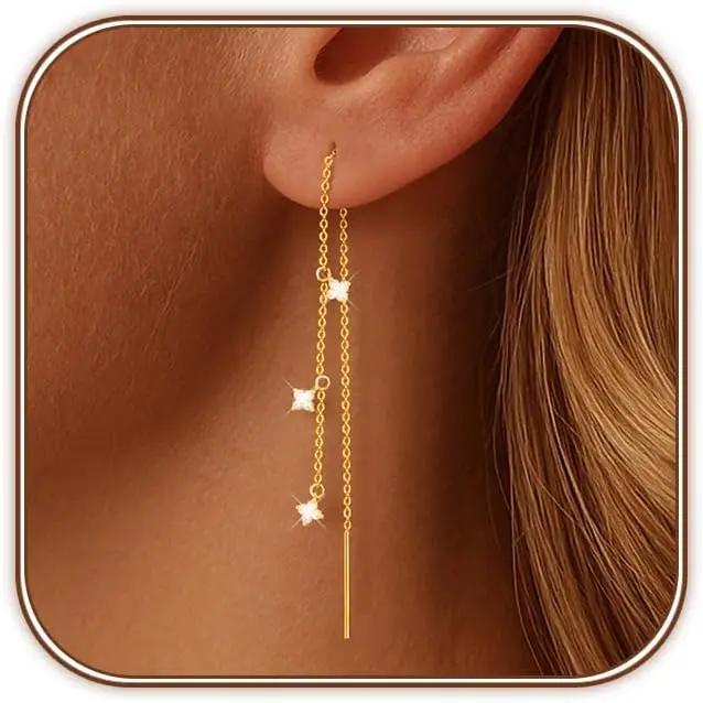 Gold Plated Threader Dangle Earrings for Women, Long Drop Chain Design, Trendy CZ Clover Earrings
Gold Plated Threader Dangle Earrings for Women, Long Drop Chain Design, Trendy CZ Clover Earrings