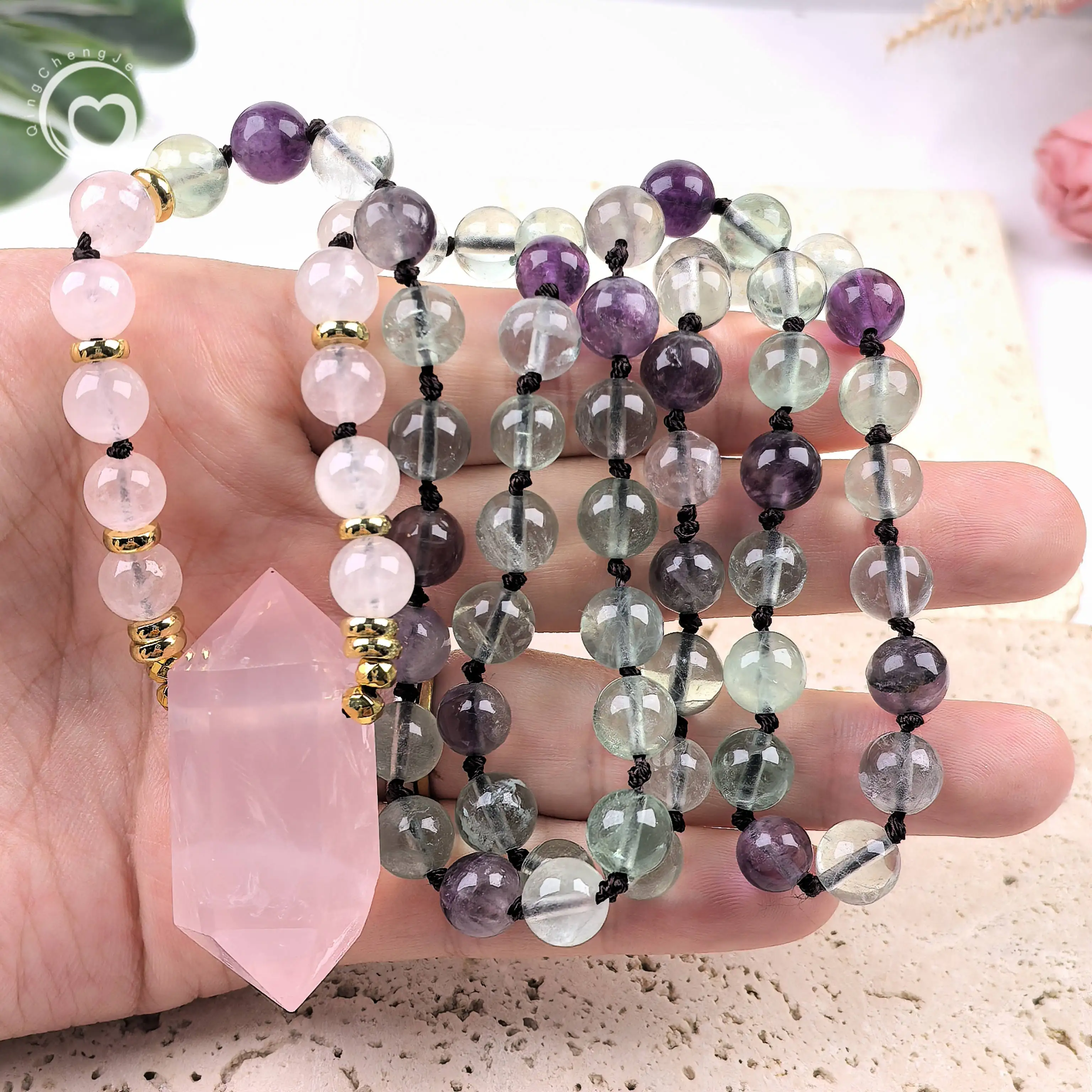Rainbow Fluorite 8mm Round Beads Mala Necklaces Rose Quartz Crystal Double Point Pendant Women Yoga Prayer Jewelry Gift,QC0206 
Rainbow Fluorite 8mm Round Beads Mala Necklaces Rose Quartz Crystal Double Point Pendant Women Yoga Prayer Jewelry Gift,QC0206