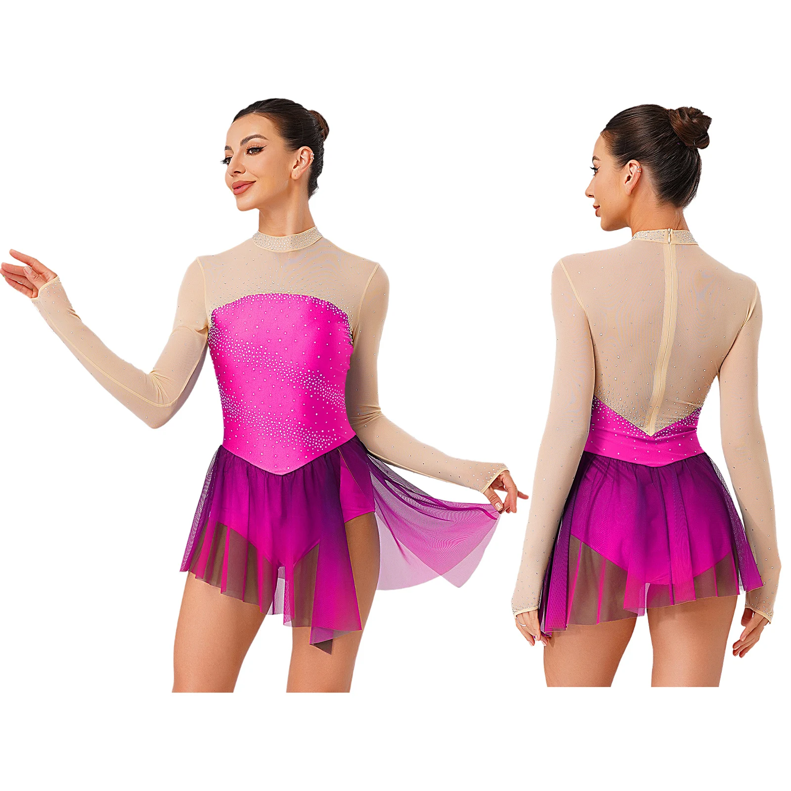 Gymnastic Ballet Dance Dress Womens Rhinestones Color Block Sheer Mesh Patchwork Gradient Leotard Dress Lyrical Dance Costume
Gymnastic Ballet Dance Dress Womens Rhinestones Color Block Sheer Mesh Patchwork Gradient Leotard Dress Lyrical Dance Costume