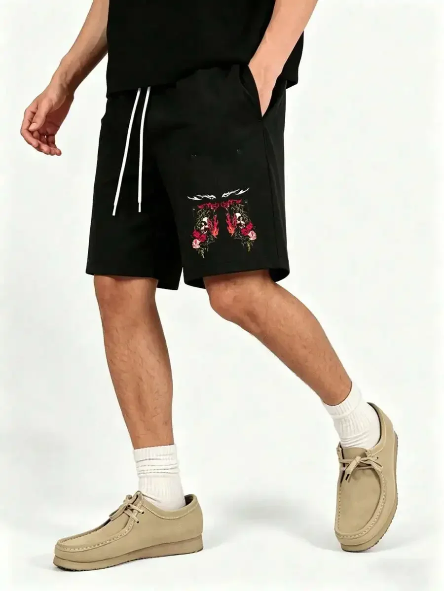 Mens Casual Drawstring Shorts With Gothic Skull Flame Rose Embroidery, Elastic Waist, Side Pockets, Y2K Streetwear
Mens Casual Drawstring Shorts With Gothic Skull Flame Rose Embroidery, Elastic Waist, Side Pockets, Y2K Streetwear