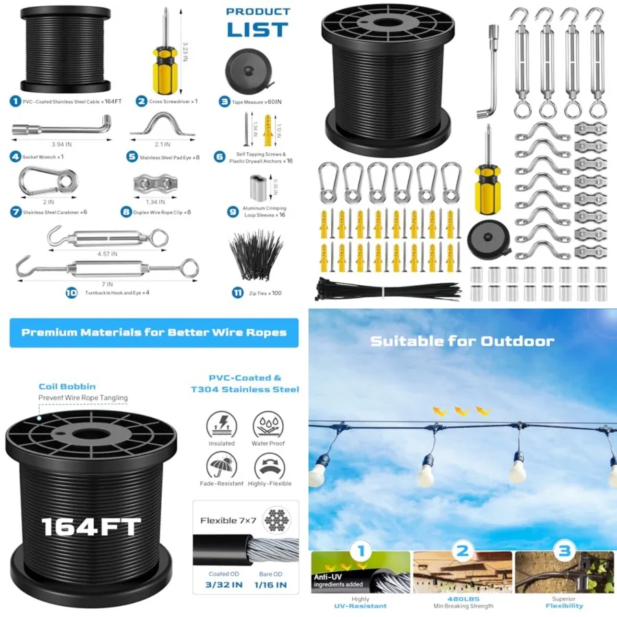 String Light Hanging Kit with 164 Feet Vinyl Coated 304 Stainless Steel Cable, String Light Suspension Kit, Guide Wire with Tur
String Light Hanging Kit with 164 Feet Vinyl Coated 304 Stainless Steel Cable, String Light Suspension Kit, Guide Wire with Tur