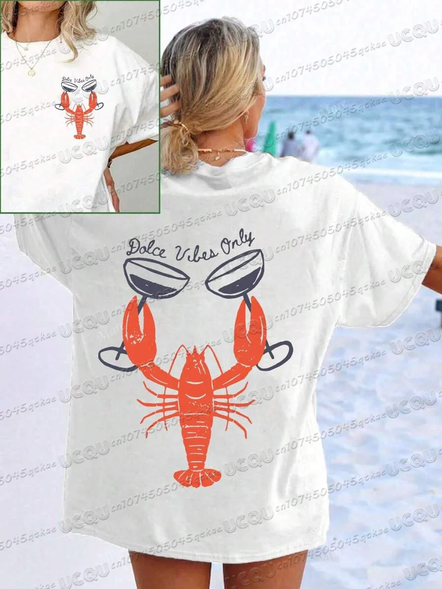 Sardine Lobsters And Cats Printed Cotton T-Shirt Loose Casual Island Style Short Sleeved Summer Womens' Commuting Clothes Top 
Sardine Lobsters And Cats Printed Cotton T-Shirt Loose Casual Island Style Short Sleeved Summer Womens' Commuting Clothes Top