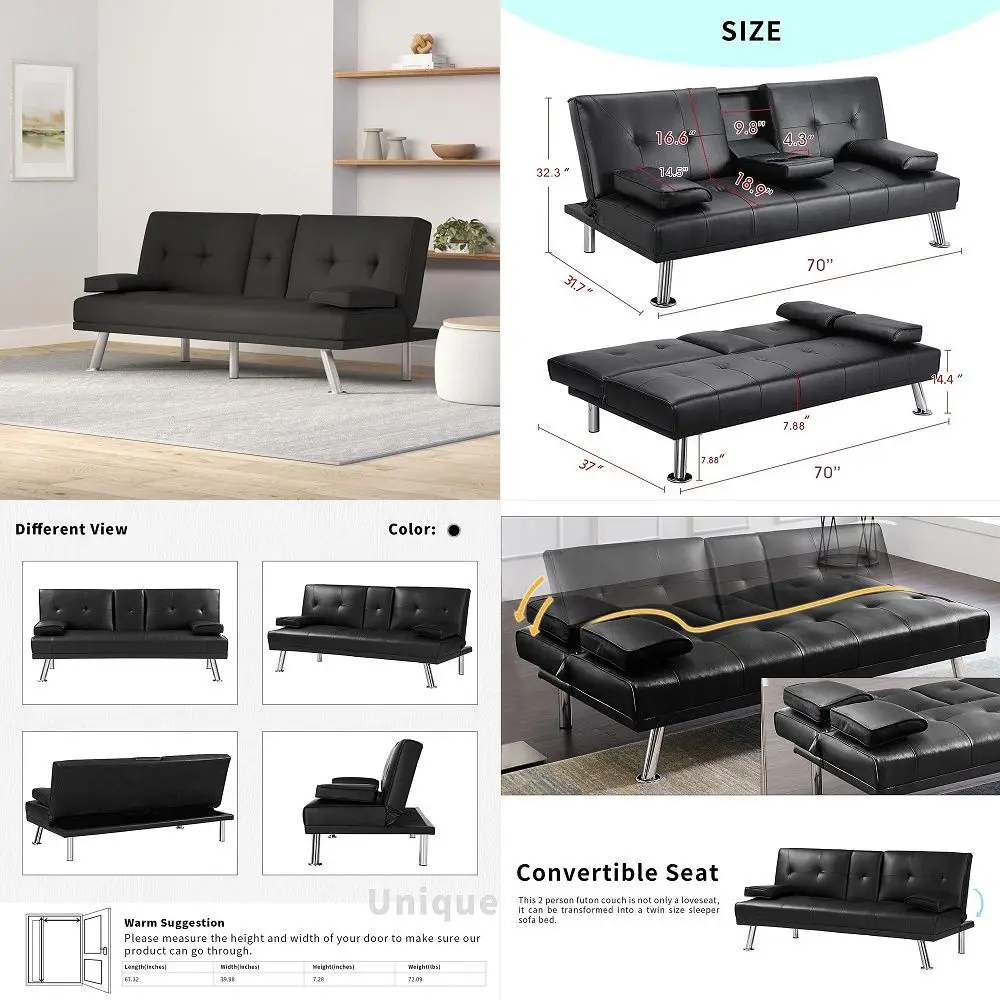 70 Inch Futon Sofa Bed, Twin Convertible Loveseat Sofa Couch, Removable Armrests Faux Leather Folding Sleeper Sofa with Cup Hol
70 Inch Futon Sofa Bed, Twin Convertible Loveseat Sofa Couch, Removable Armrests Faux Leather Folding Sleeper Sofa with Cup Hol