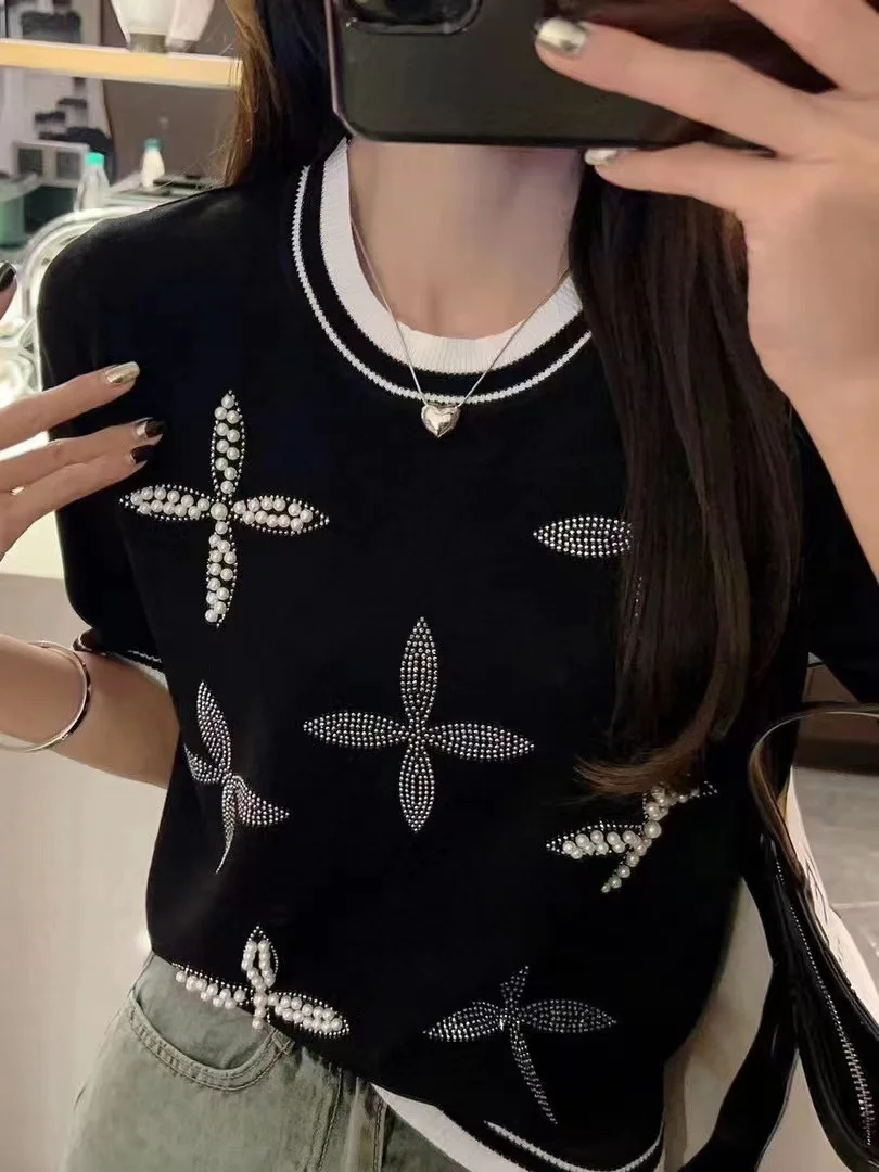 Summer Qu Bead Ice Silk Short Sleeve Knitted Sweater T-Shirt Women's New Heavy Industry Bead Diamond Casual Loose Half Sleeve
Summer Qu Bead Ice Silk Short Sleeve Knitted Sweater T-Shirt Women's New Heavy Industry Bead Diamond Casual Loose Half Sleeve