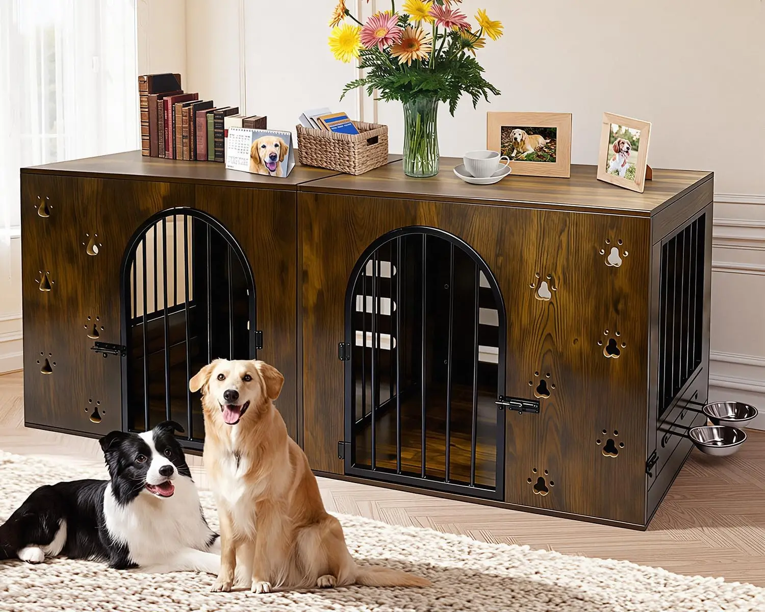 Farmhouse-Style Dog Crate for 1 or 2 Dogs, Durable Metal & Wood Kennel with Bowls, Brown
Farmhouse-Style Dog Crate for 1 or 2 Dogs, Durable Metal & Wood Kennel with Bowls, Brown
