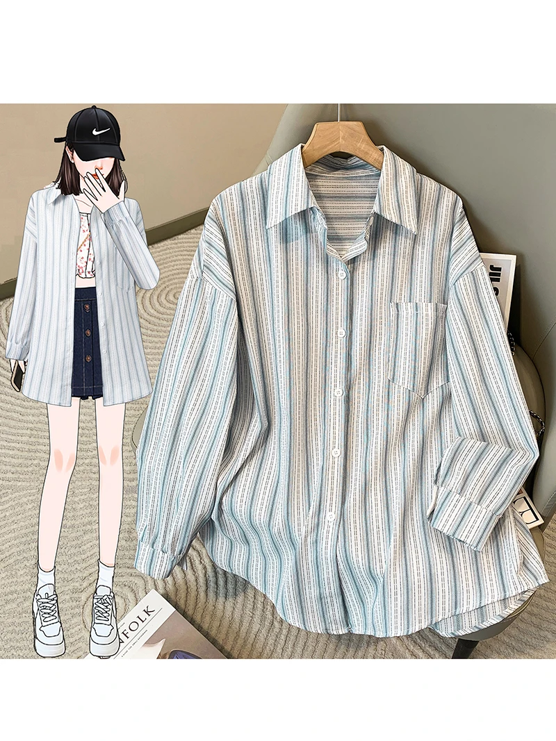 Loose Fit Blue Striped Casual Shirt Women's Long Sleeve Spring Summer Lightweight Breathable Sun Protection Cotton Blend Shirt
Loose Fit Blue Striped Casual Shirt Women's Long Sleeve Spring Summer Lightweight Breathable Sun Protection Cotton Blend Shirt