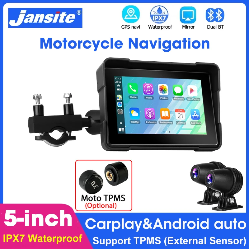 Janiste Motorcycle 5" DVR Wireless Carplay Android Auto Front Rear Camera Bluetooth Helmet Navigation with TPMS External Sensor