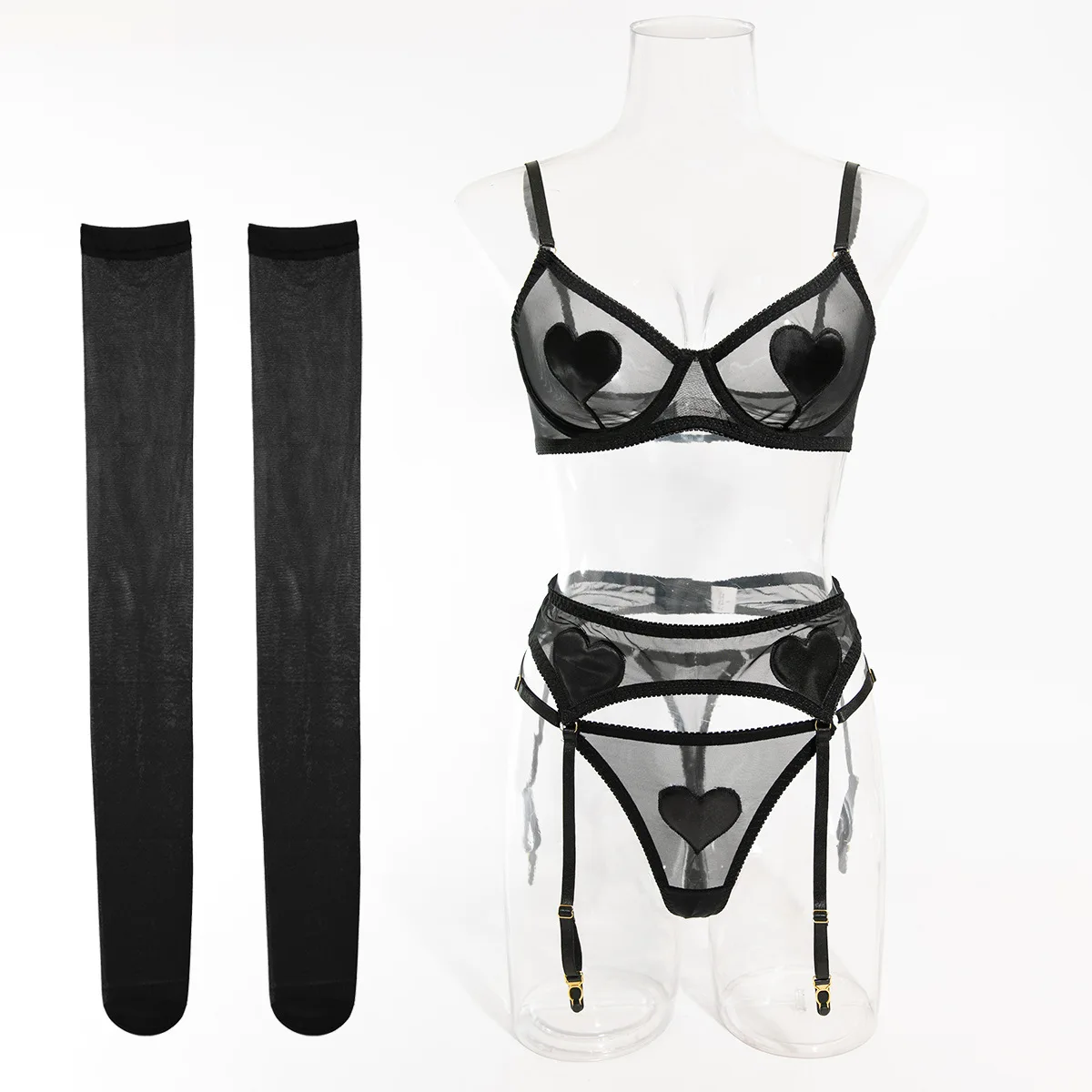 Bikini Mesh Heart Bra Four-Piece Set Sexy Temptation Lingerie Set with Stockings
Bikini Mesh Heart Bra Four-Piece Set Sexy Temptation Lingerie Set with Stockings