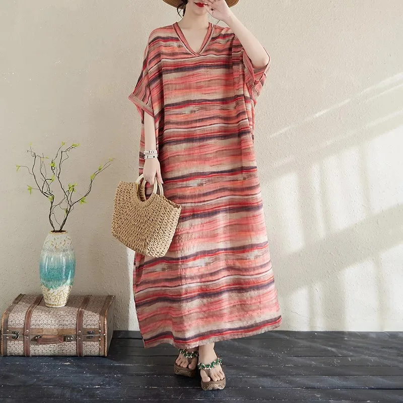 2025 Summer Oversized Women Clothes Vintage Stripe Print Maxi Dresses V-Neck Short Sleeve Casual Loose Holiday Beach Sundress
2025 Summer Oversized Women Clothes Vintage Stripe Print Maxi Dresses V-Neck Short Sleeve Casual Loose Holiday Beach Sundress