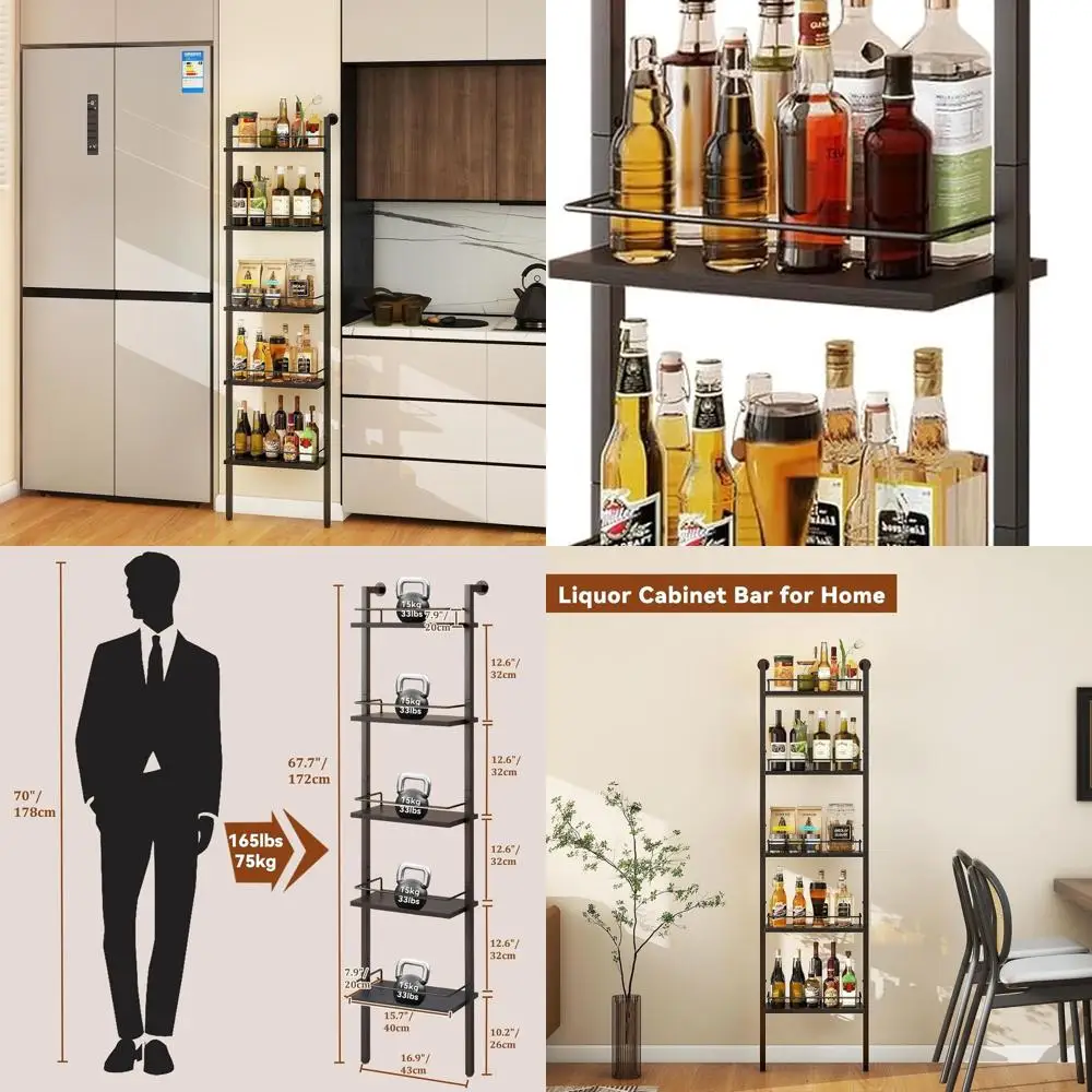 Freestanding 5-Tier Wine Rack with Liquor Bottle Fence, Wall-Mounted Kitchen/Dining Storage Shelf, 16.93L x 7.87W x 69.68H, Blac
Freestanding 5-Tier Wine Rack with Liquor Bottle Fence, Wall-Mounted Kitchen/Dining Storage Shelf, 16.93L x 7.87W x 69.68H, Blac