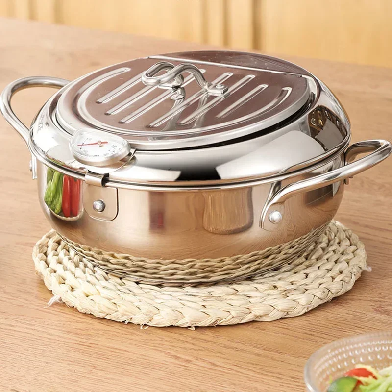 Japanese Deep Frying Pot with a Thermometer and a Lid 304 Stainless Steel Kitchen Tempura Fryer Pan 20 24 cm
Japanese Deep Frying Pot with a Thermometer and a Lid 304 Stainless Steel Kitchen Tempura Fryer Pan 20 24 cm