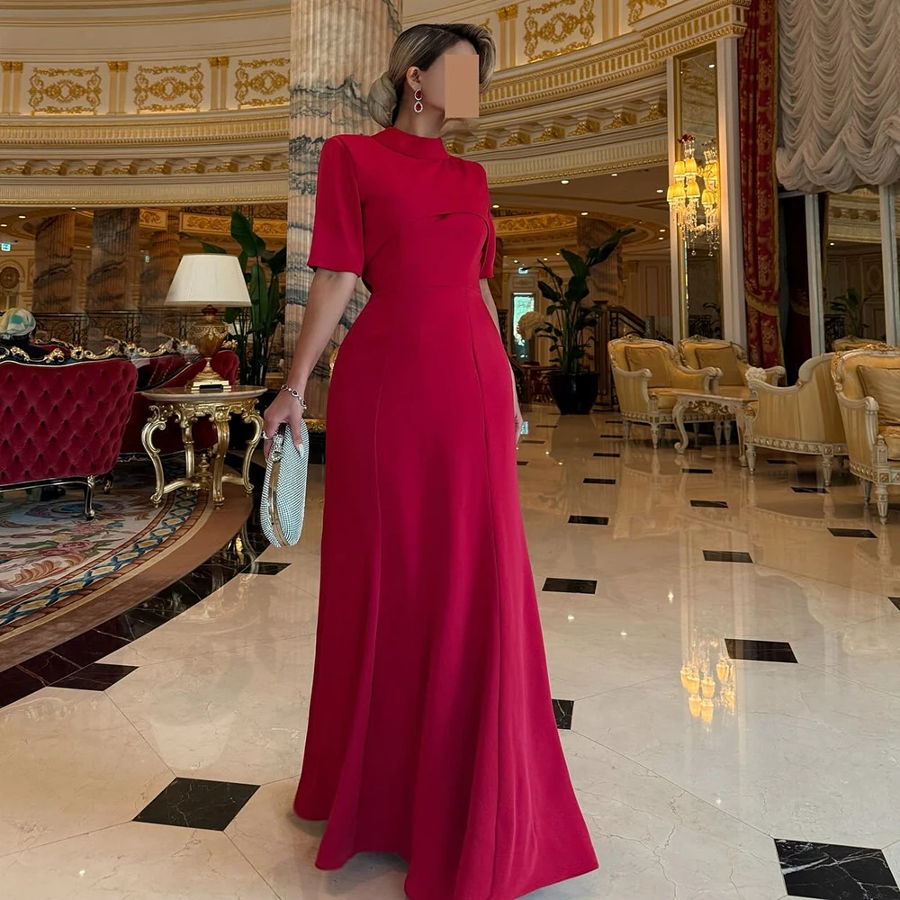 Customized High Neckline Red Jersey Pleat Evening Dress Half Sleeves Simple Maxi Party Dress Mermaid Floor Length Prom Gown
Customized High Neckline Red Jersey Pleat Evening Dress Half Sleeves Simple Maxi Party Dress Mermaid Floor Length Prom Gown