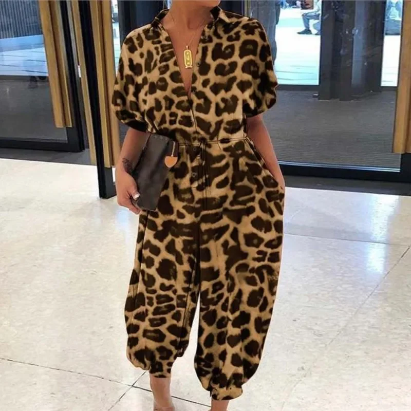 New Summer Leopard Printed Jumpsuit Women Short Sleeves Leace-up Pocket Casual Jumpsuits Fashion Vintage Ladies Bodysuits
New Summer Leopard Printed Jumpsuit Women Short Sleeves Leace-up Pocket Casual Jumpsuits Fashion Vintage Ladies Bodysuits