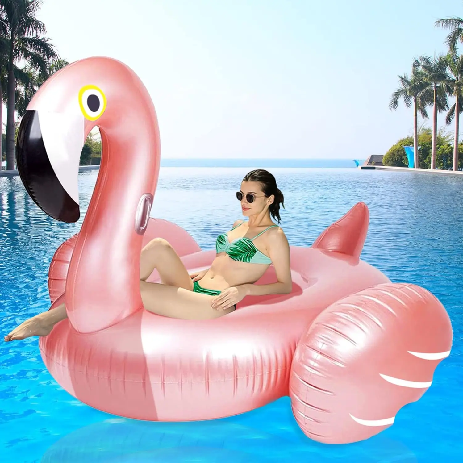 Giant Inflatable Flamingo Ride On Pool Float, Blow Up Pool Floatie with Fast Valves Swimming Floating Raft, Lounge, Summer Pa